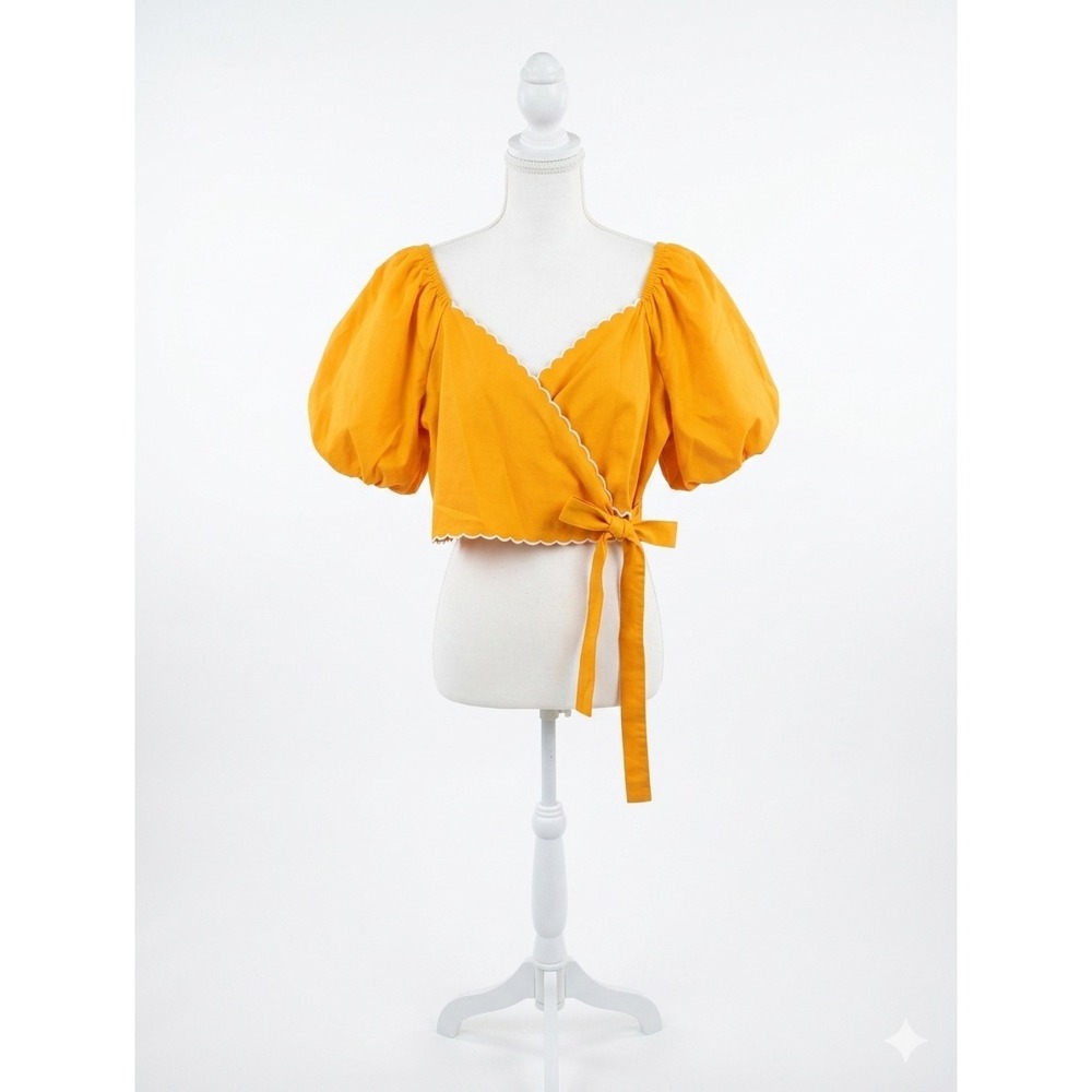 Day + Moon Yellow Scalloped Wrap Top Puff Sleeve Smocked Back Linen Blend Medium